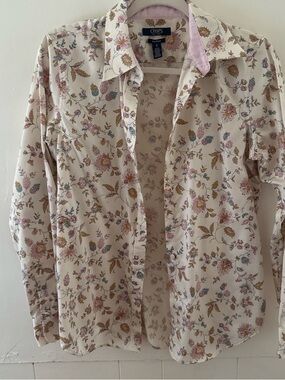 Chaps Cream Floral Button-Up Shirt with Pink & Gold Details